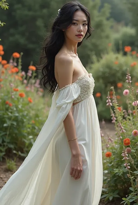 Create a dress for a black-haired woman, Snowy pale skin, let the dress be like that of a Greek goddess,  elegant,  pretty, flirty, In the background a garden with flowers 