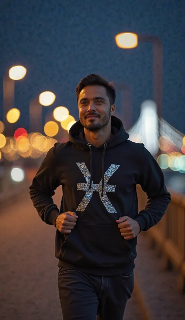 Handsome 40 year old gemini asian guy, wears hoodie with gemini lettering, running cool, Beautiful bridge background at night, full body photo, professional photo, real photo, original photo, UHD photo