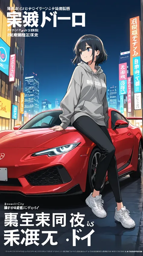 magazine cover, anime style, A beautiful girl, she is perched next to a sports car. The character has black hair. Her eyes, which are large and bright, look to the side, and she smiles shyly. She is wearing a gray hoodie sweater, with black jogger pants, a...