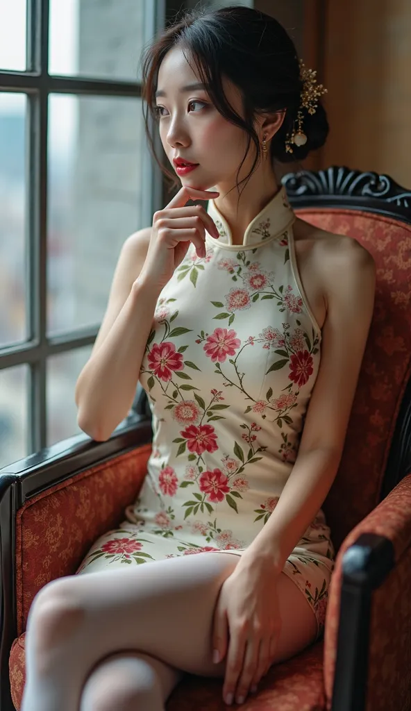 A age Japanese woman with the cutest face in the world who sits comfortably and sexily in a Chinese-style chair wearing a form-fitting flower and bird fuzuki pattern cheongsam、超高クオリティーのfull body写真、Sexy cheongsam、(((thigh-length white thin stockings:1.8)))、...