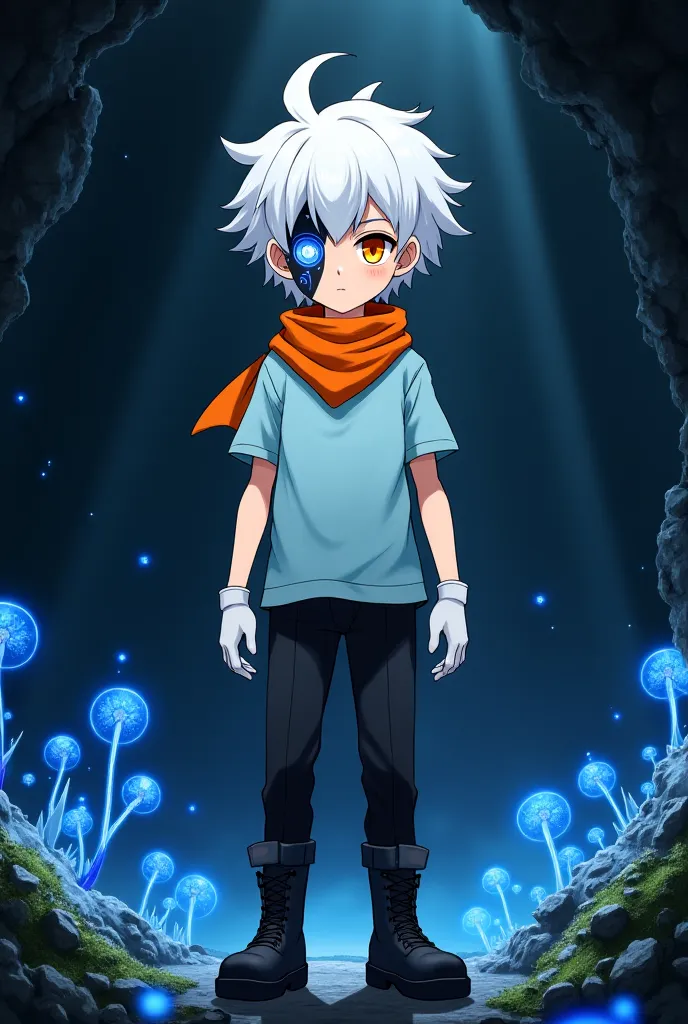 A white-haired adult boy with beige anime-style skin with an orange right pupil and a left one with a black eye socket and a blue glowing pupil, the left half of the face is black with blue glowing dots in a pale blue short-sleeved shirt, , an orange banda...