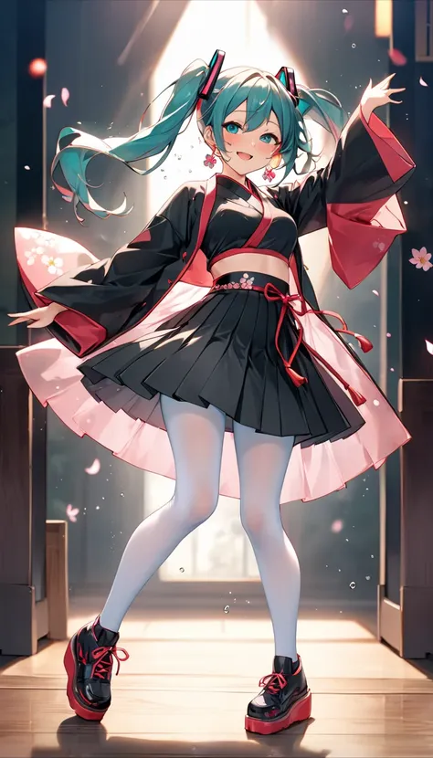 ((Hatsune Miku))（Height: 160cm、lolicon body）（Tops: black crop top has a cherry blossom pattern accent）（Bottoms: black pleated skirt that makes you feel Japanese）（outer: short length coat with string decoration）（accessories: earrings with bells、Slender wind...