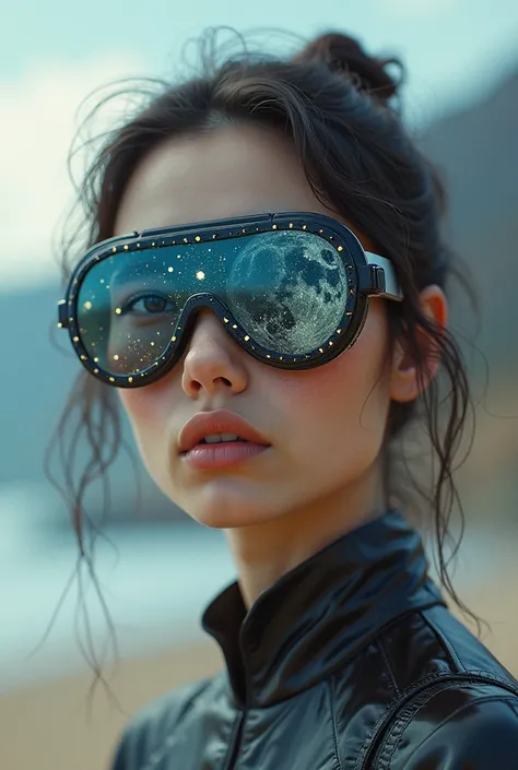 The model is wearing glass sunglasses with stars and the moon on the glass