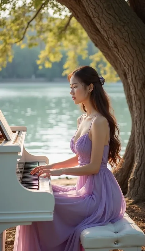 A stunning young Asian woman with long, wavy brown hair is sitting by a peaceful lakeside, playing a white grand piano. She has an exaggerated hourglass figure with an exceptionally large bust, yet she remains slender and well-proportioned, maintaining a g...