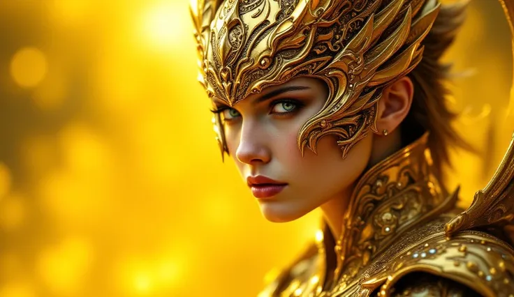 A young woman, presumably Caucasian, is depicted in three-quarter profile view, wearing a golden mask that covers her entire face, leaving her eyes and mouth exposed, and wearing magnificent, ornate armor in the form of a golden helmet. The armor is intric...