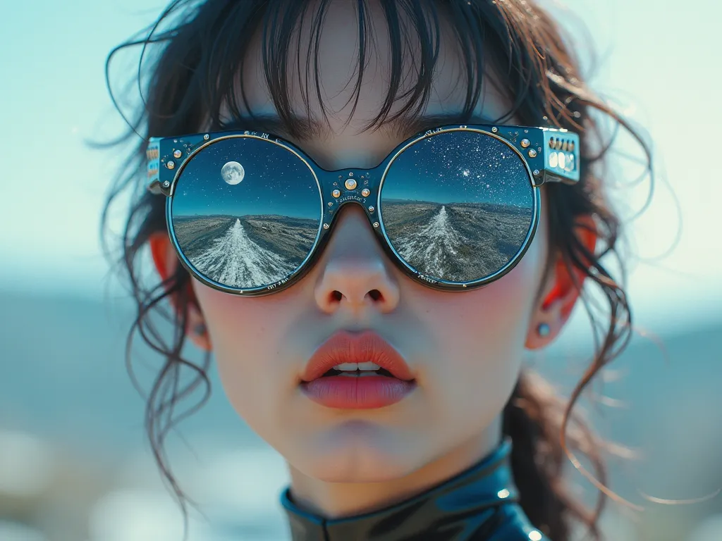 The model is wearing glass sunglasses with stars and the moon on the glass