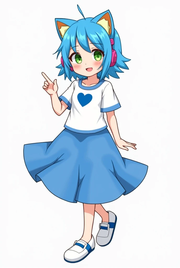 A young woman with blue hair, green eyes wearing cat ears with headphones on, white shirt with a blue heart in the center, blue skirt and white shoes with blue stripes 