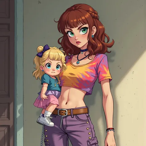 anime scene of a woman with an attractive body, slightly large breasts, reddish-brown wispy shoulder-length hair, blunt hair bangs, left turquoise eye colour, right sea blue eye colour and freckles, carrying a one year old baby who wears a blue and pink dr...