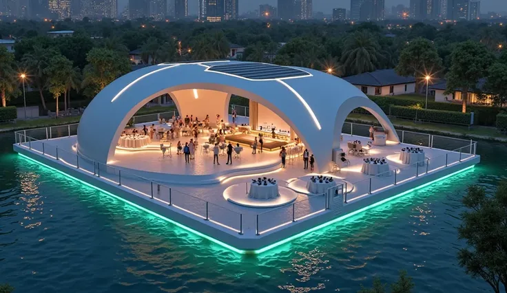 Nighttime serenity envelops a floating architectural minimalist, curving white structures crowned with solar panels, a sleek fiberglass raft, partially submerged in waters. The platform’s interior steps toward a central stage, where a 3 instruments rock ba...