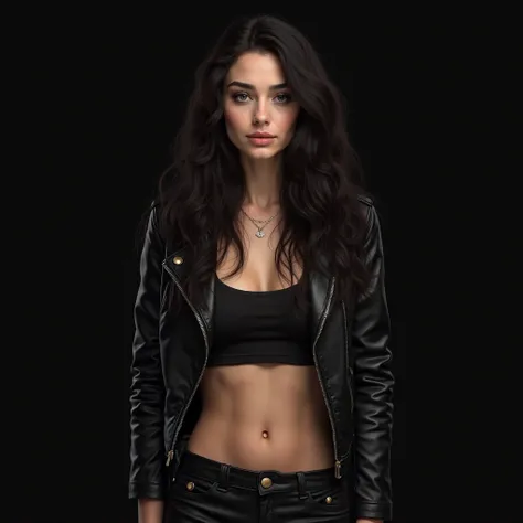 Medium Shot, (realistic:1.4) Girl, narrow pointy face, Emily Rudd, лицо Emily Rudd, красивая Girl 18 лет, худощавая Girl, slightly curly hair, long dark hair, very long hair, makeup, худая Girl,  slender woman , unbuttoned old leather jacket, shorts sports...