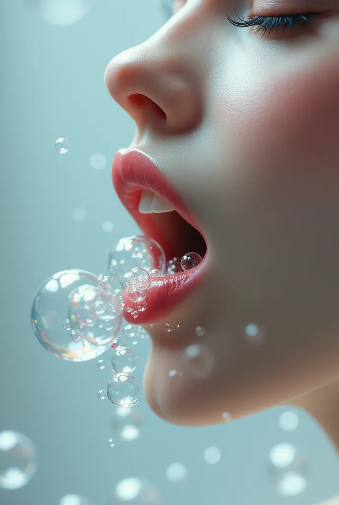 just mouth with no face. just mouth with soap bubbles flowing from her mouth.