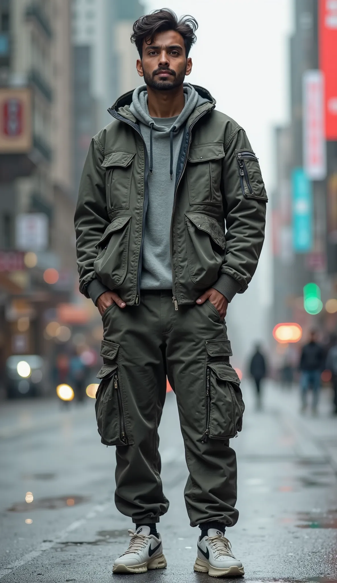 A young, confident Indian man wearing futuristic cargo pants with sleek, modern pockets and zippers. The pants are stylish, functional, and slightly oversized. The background is a trendy urban city with a cool, tech-inspired atmosphere."