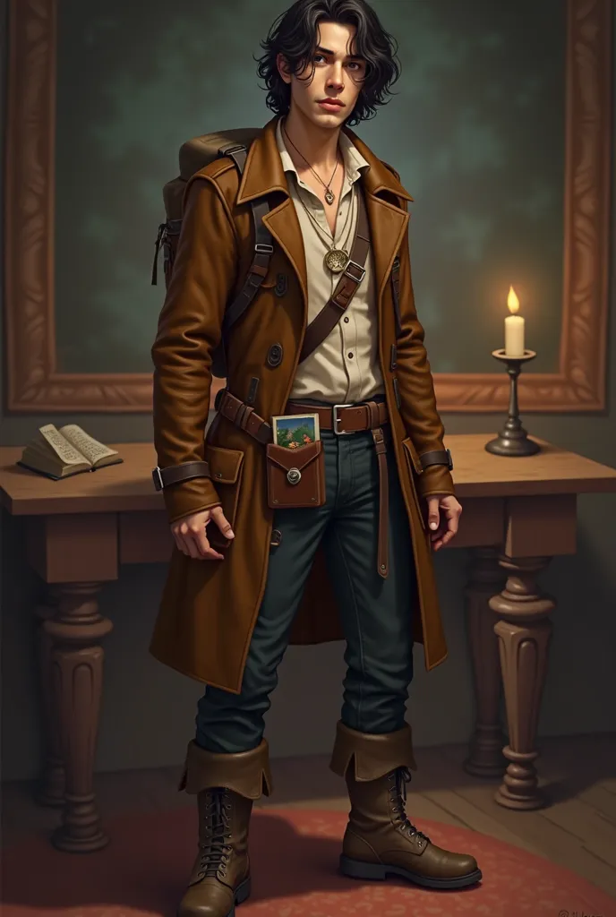 "A 22-year-old young man, tall and lean, with dark wavy hair and deep brown eyes. He has a warm, medium-brown skin tone and a curious, determined expression. He is wearing a rustic adventurer’s outfit: a brown leather jacket, a white shirt, dark trousers, ...