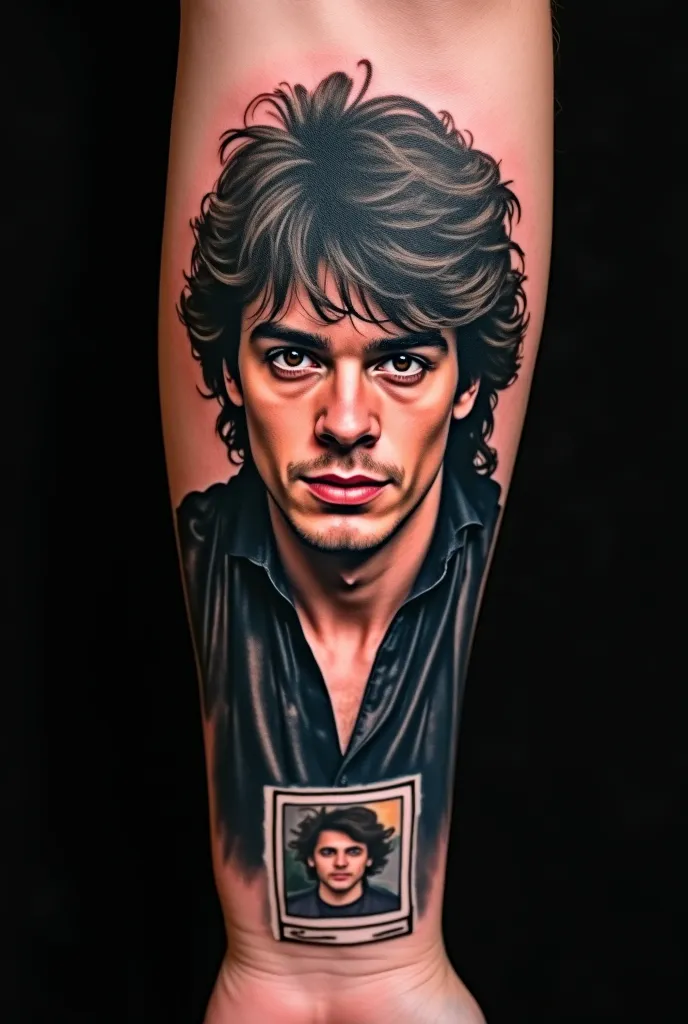 Create a portrait tattoo where a polaroid photo appears with the portrait photo in the center of the arm by around rock and rolls designs guitars and rays type rock album with many musical details and logo types of rock and musical metal signs. The tattoo ...