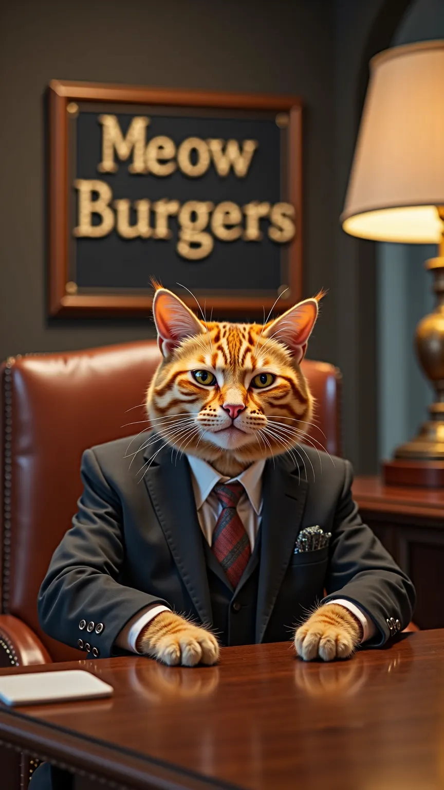 shot from across the street a of a high class super luxury brand watch and jewelry store in a mid day lit street where a skinny orange cat (wearing a  white shirt ) is serving a man   next to a   burger truck , the burger truck says a neon sign: "MEOW BURG...