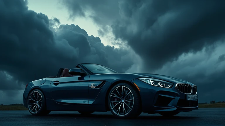 Ultra HD 8K cinematic image of the BMW Z4 positioned against a stormy sky, with dark clouds rolling in behind it. The moody atmosphere adds intensity, emphasizing its bold, aggressive design.  
