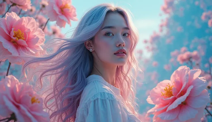 Create an image of a 21-year-old woman in a surrealistic style, standing in a dreamlike landscape filled with oversized flowers and floating geometric shapes. She has flowing, iridescent hair that blends into the vibrant colors of the surroundings, shiftin...