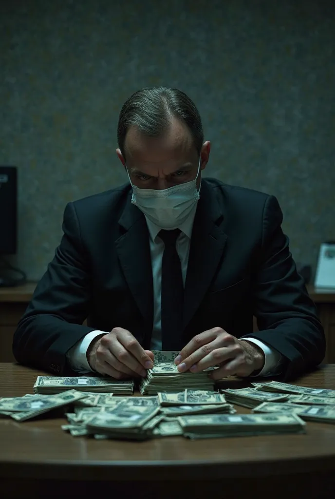 A man from the FBI structures in a mask sits and counts money