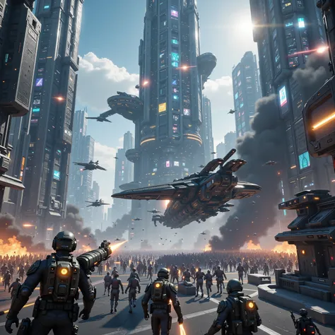 Futuristic 2 (Best quality,4k,8k,highres,masterpiece:1.2), photorealistic,photo-realistic:1.37),highly detailed futuristic cybercity. Skyscrapers with media screens for windows reach high into a clear blue sky. A giant war craft has crashed into a skyscrap...
