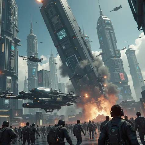Futuristic 2 (Best quality,4k,8k,highres,masterpiece:1.2), photorealistic,photo-realistic:1.37),highly detailed futuristic cybercity. Skyscrapers with media screens for windows reach high into a clear blue sky. A giant war craft has crashed into a skyscrap...