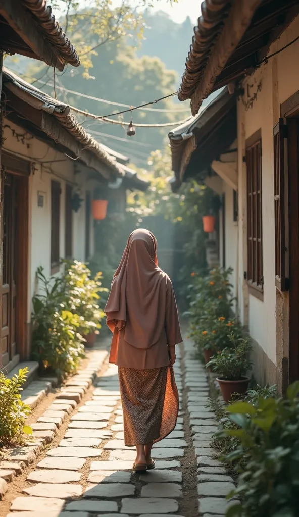 photo like original, A woman in a hijab, beautiful,walking in a narrow alley,roof tile house,White paint ,,4k image , clean image ,indonesia,realistic