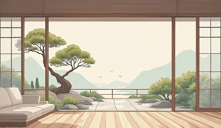illustration in soft colors predominating , minimalism of a Japanese style living room with window to see the minimalist Japanese garden with bonsai trees, the stage evokes energy and elegance
