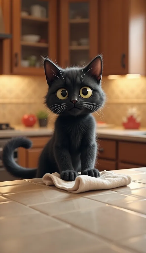 The black cat uses a cloth to clean the countertops, standing on its hind legs