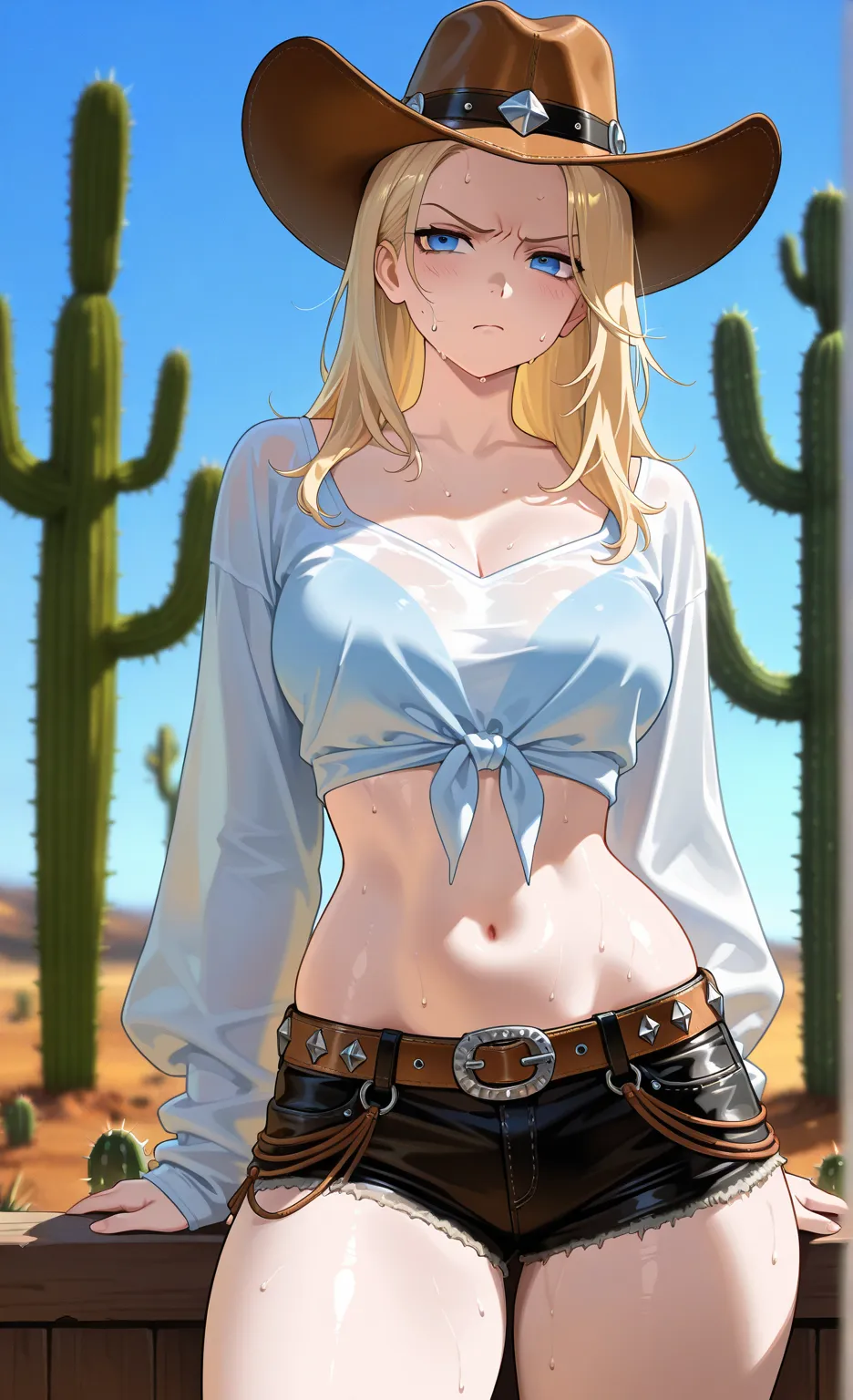 solo woman, hot beauty, light blonde hair, blue eyes, curvy body, western cowboy motif belt fashion, rest, simple blue sky background, very sweat, black hot pants, cowboy hat, cactus  background, Sunshine, tired, annoyed, dustercoat, (blurry background:1.3...