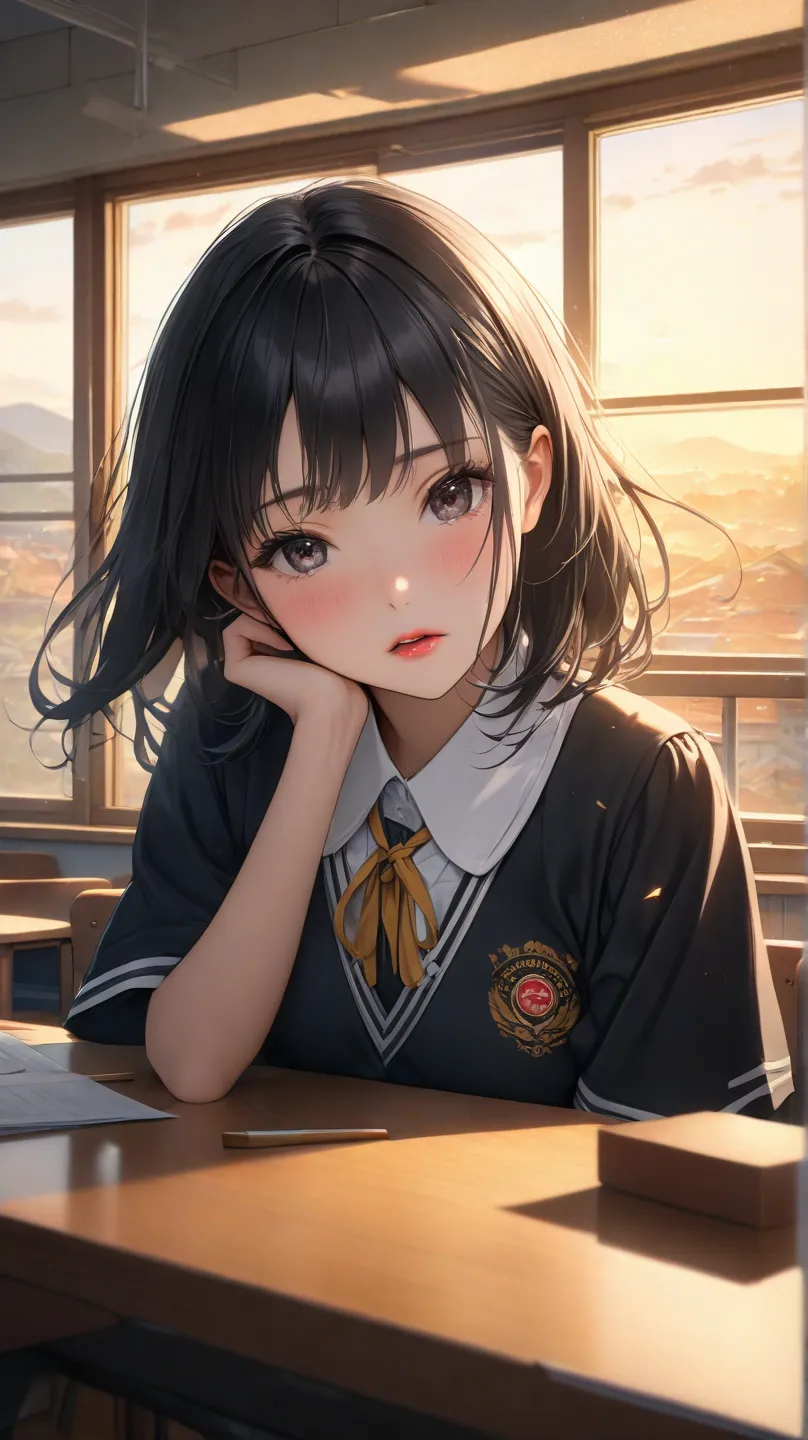  1girl 、headshot、frontal angle、Classroom with a window、A cute Japanese high school girl with black hair and a slender uniform、dark eyes、 thin lips、Put on cheek canes with both hands and burst into tears、Time to part、(highest quality、4K、8k、Ultra High Resolu...