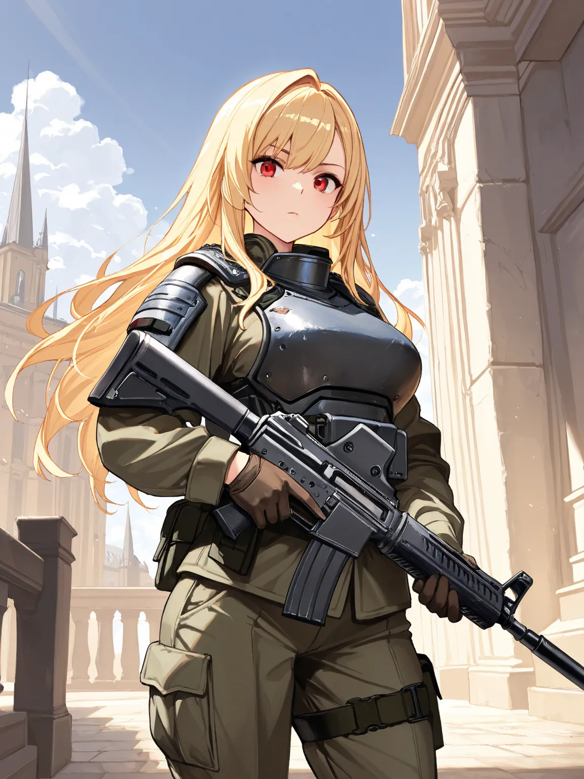 8k,masterpiece, best quality, ultra detailed, high resolution, super fine illustration, extremely detailed CG, intricate, professional quality, cowboy shot,looking at viewer,1girl, solo,gal, red eyes, blonde hair, medium breasts, military jacket, protect a...