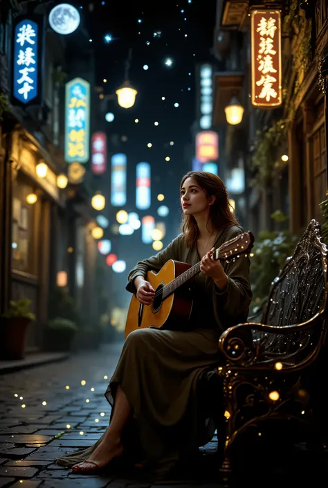 fantasy style, city street, flashlight, moonlit night, stars,  beautiful bench , Guitar Girl Playing, You can see shops and Signs, the asphalt sparkles beautifully with silver lights, as if the starry sky is painted on it, magic, magic, best quality, intri...