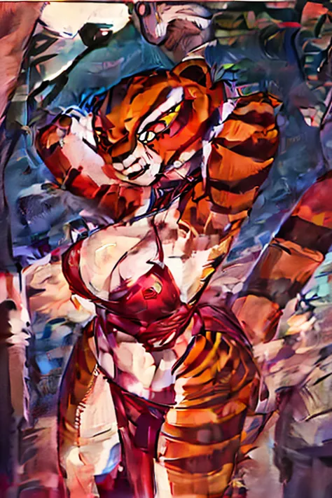 Master tigress, cowboy shot, mature female,1 girl, perfect face, parted_lips, red bikini, skindentation, choker, ((gigantic breasts)), cleavage, Solo, indoorasterpiece, best quality, highres:1.2), ultra realistic 8k cg, extremely detailed cg unity 8k wallp...