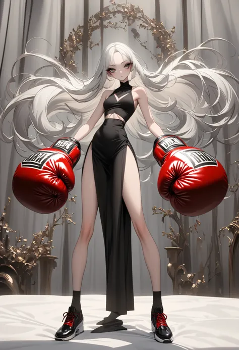 1 girl, is unique,Big eyes,, exquisite facial lines , dark eyeshadow ,set,Silver hair, thin waist, Extra Long Legs ,stand,Stand upright,socks,Shoes,boxing gloves