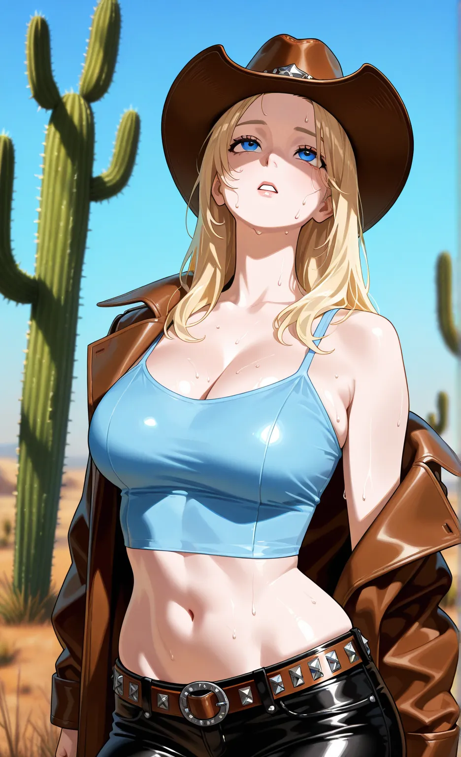 solo woman, hot beauty, light blonde hair, blue eyes, curvy body, western cowboy motif belt fashion, rest, simple blue sky background, very sweat, black hot pants, cowboy hat, cactus grows background, Sunshine, tired, facing up, leather coat, (blurry backg...