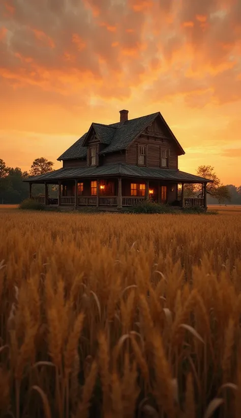 "An old, secluded farm, surrounded by vast golden wheat fields. The main house is large,  of dark wood , with a large porch and windows illuminated by warm light.  The sky is orange at sunset , creating a nostalgic and mysterious atmosphere."
