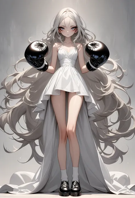 1 girl, is unique,Big eyes,, exquisite facial lines , dark eyeshadow ,set,Silver hair, thin waist, Extra Long Legs ,stand,Stand upright,socks,Shoes,boxing gloves