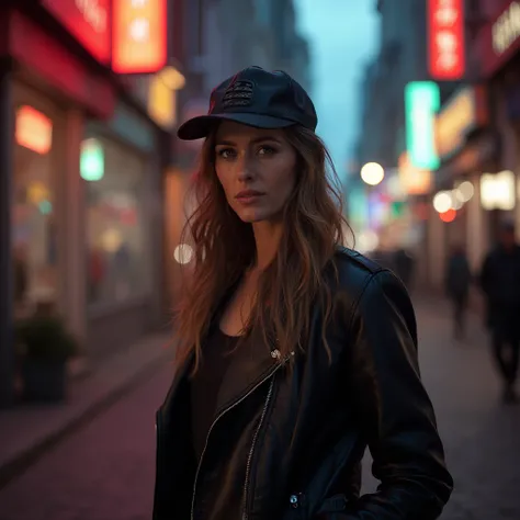 A bold European woman in her mid-30s to mid-40s stands confidently on a lively urban street at dusk. She wears a sleek leather jacket and a stylish cap, with a cigarette casually held between her lips. Her arms rest at her sides as her intense gaze meets t...