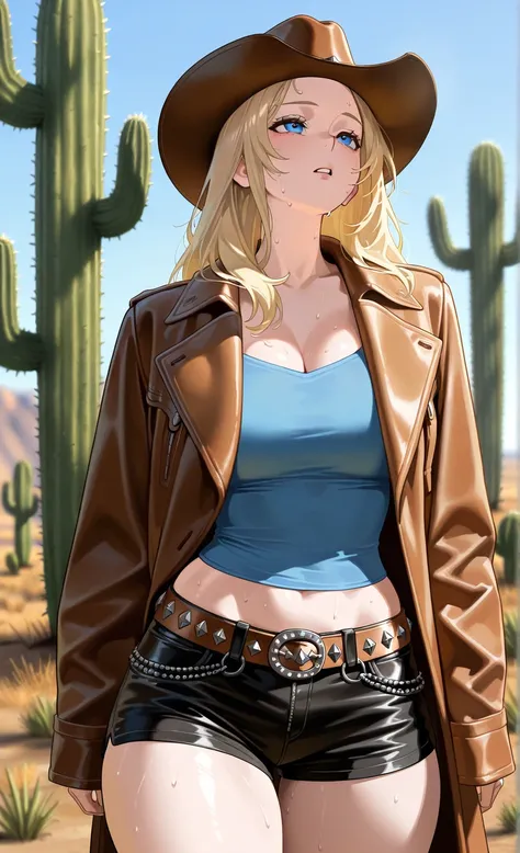 solo woman, hot beauty, light blonde hair, blue eyes, curvy body, western cowboy motif belt fashion, rest, simple blue sky background, very sweat, black hot pants, cowboy hat, cactus grows background, Sunshine, tired, facing up, leather coat, (blurry backg...