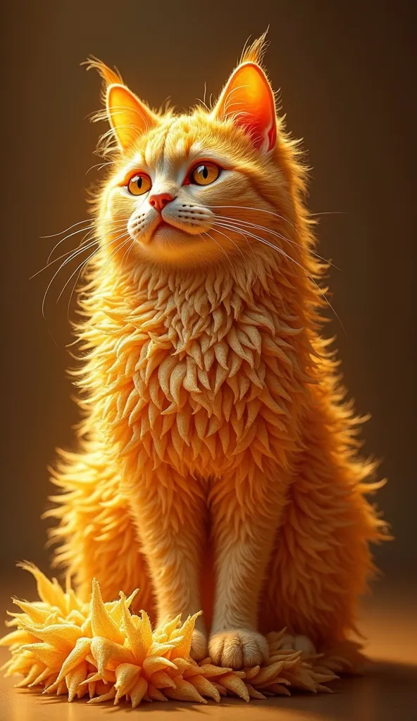 A British Longhair cat sculpture entirely made of honey, shimmering honey fur, amber eyes, intricate details, golden hue, volumetric lighting, 8k, masterpiece