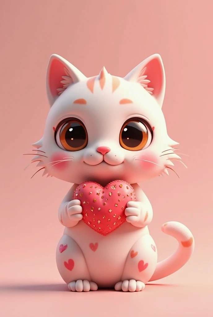 Super Q-version cat body shape,large round amber eyes (with star shaped pupils),pink flesh pads with small heart-shaped patterns,small triangular ears,holding bursting strawberry cake with front paws,soft and cute macaron color scheme,3D,C4D style-- v 6 --...