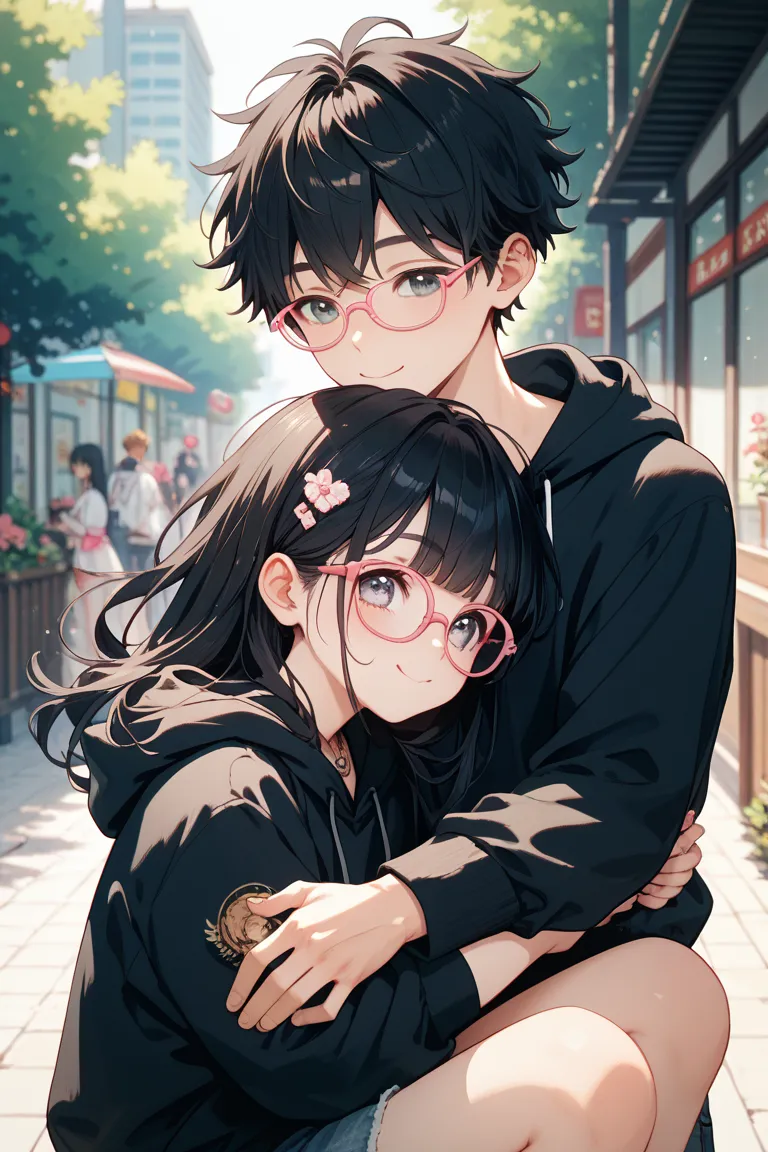 cute boy with black hoodie and black hair perm(cute boy with black hoodie and black hair perm without glasses)＆Girls with black hair, straight, long hair and pink glasses are hugging each other、anime style