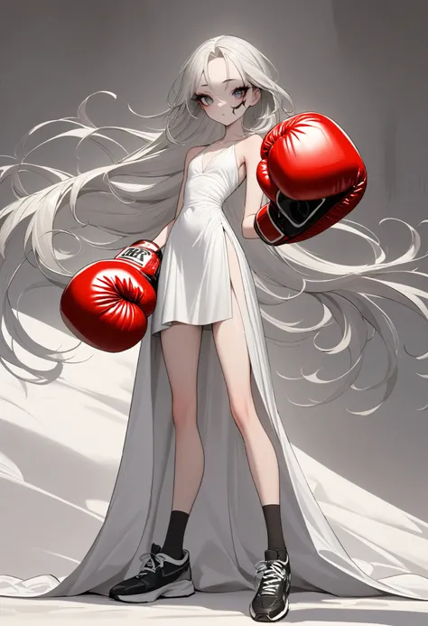 1 girl, is unique,Big eyes,, exquisite facial lines , dark eyeshadow ,set,Silver hair, thin waist, Extra Long Legs ,stand,Stand upright,socks,Shoes,boxing gloves