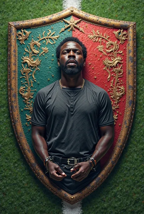 Make a soccer shield that features an arrested black man