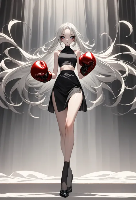 1 girl, is unique,Big eyes,, exquisite facial lines , dark eyeshadow ,set,Silver hair, thin waist, Extra Long Legs ,stand,Stand upright,socks,Shoes,boxing gloves