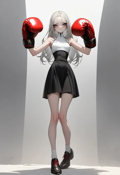 1 girl, is unique,Big eyes,, exquisite facial lines , dark eyeshadow ,set,Silver hair, thin waist, Extra Long Legs ,stand,Stand upright,socks,Shoes,boxing gloves