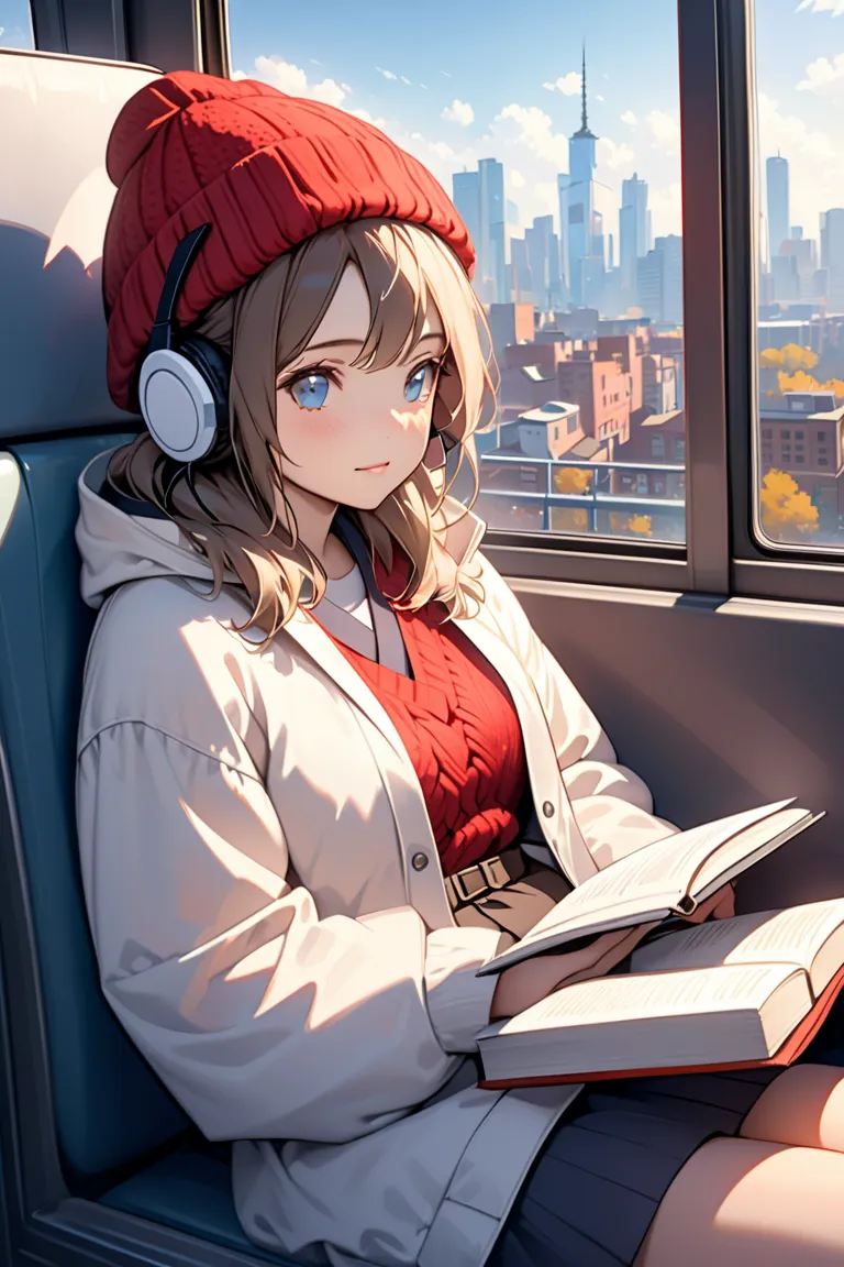 female college student wearing a white knitted hat,is sitting on a train seat reading a book,with a well-formed face,gentle expression,Outside the window, the Big City,real,High Resolution, ultra-fine in 8K,like the picture,4K,hdr, studio lighting,Focus on...