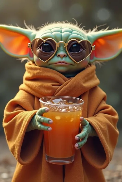  (Baby Yoda) With an unhappy head, wearing an orange Tibetan monk's robe, with heart-shaped sunglasses,  with a drink . Photorealistic style, cinematic lighting, very detailed, couleurs chaudes et douces