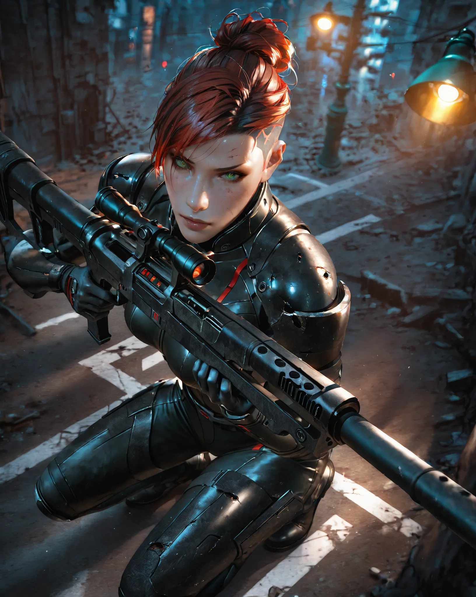 Photograph, photorealistic, 1woman, solo, femshepxl, crimson hair, messy bun hairstyle, (undercut hairstyle:1.32), emerald green eyes, (black and red) N7 armour, damaged armour, medium breasts, ((all-black) anti-materiel rifle:1.22), city ruins, aiming whi...