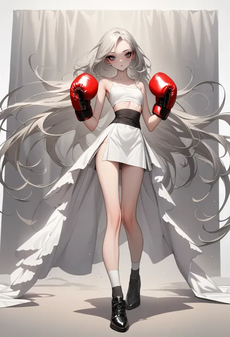 1 girl, is unique,Big eyes,, exquisite facial lines , dark eyeshadow ,set,Silver hair, thin waist, Extra Long Legs ,stand,Stand upright,socks,Shoes,boxing gloves
