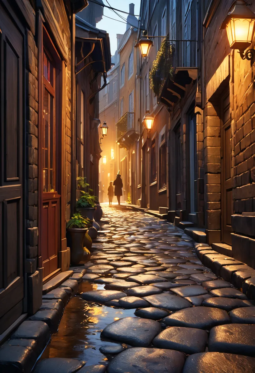 The bizarre shadow of a demon that is extremely bloated and stretches a lot, Create a dramatic oil painting with rich textures and deep colors showcasing a narrow alley dominated by the warm yellow glow of a gas streetlight, The figure's shadow twists and ...